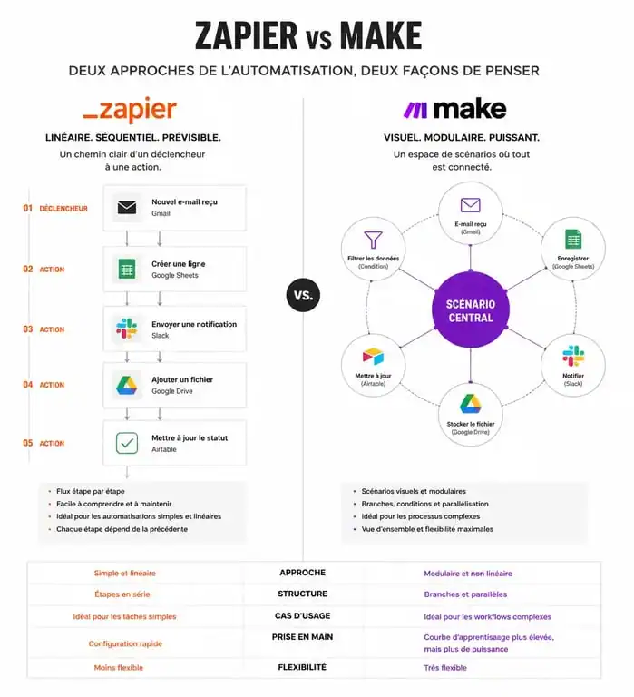 Comparatif visuel entre les outils d'automatisation Make et Zapier pour choisir la solution adaptée à ses besoins.