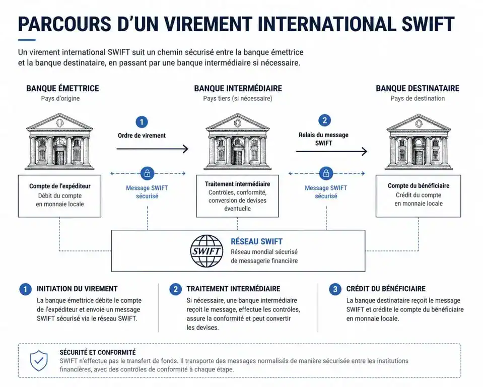Schéma explicatif du fonctionnement d'un virement international SWIFT entre banques