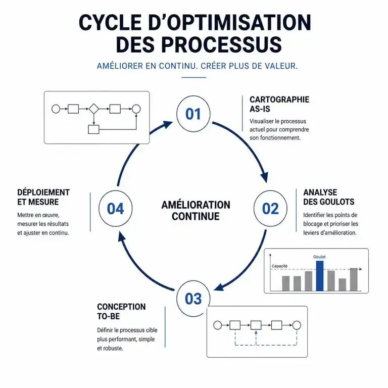 Schéma du cycle d'optimisation des processus métier pour améliorer l'efficacité opérationnelle