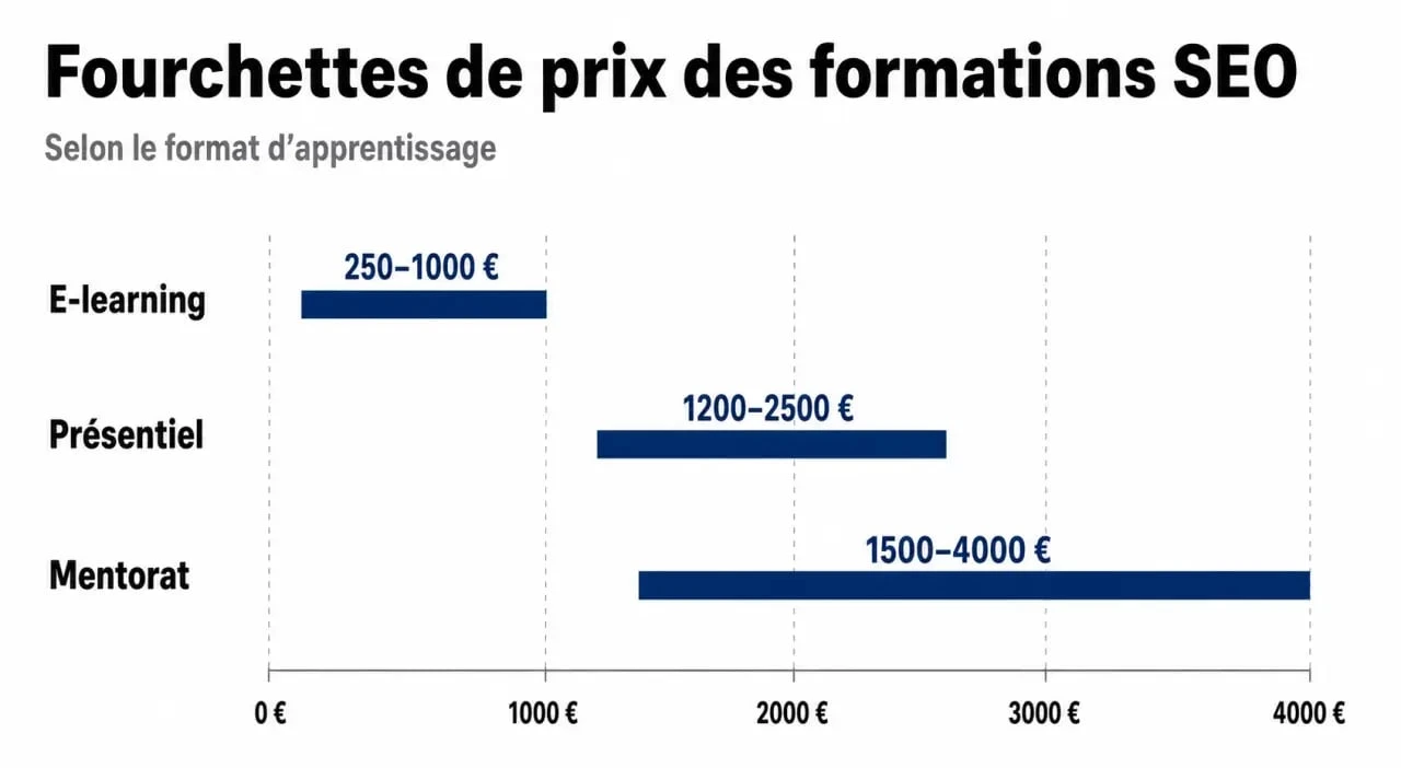 Infographie comparative des prix des formations SEO : e-learning, présentiel et mentorat