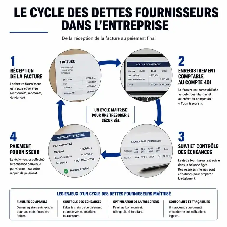 Schéma du cycle de gestion des dettes fournisseurs en comptabilité d'entreprise