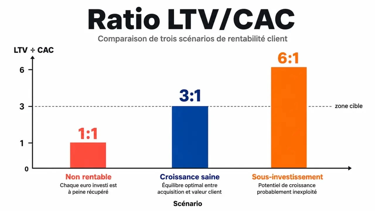 Infographie illustrant le ratio LTV/CAC pour optimiser la stratégie marketing et la rentabilité client