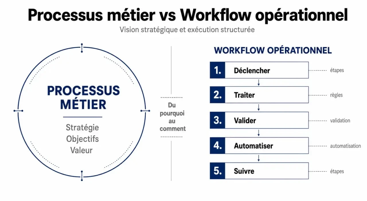 Schéma comparatif entre processus métier et workflow pour comprendre la différence entre stratégie et exécution opérationnelle.