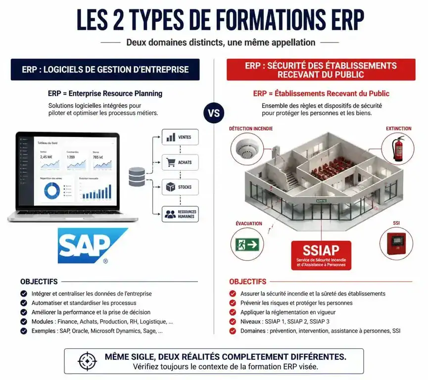 Infographie comparative des formations ERP : logiciel de gestion SAP contre sécurité des établissements recevant du public SSIAP