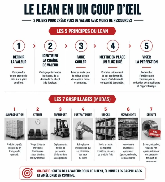 Infographie des principes du Lean et des 7 Mudas pour l'optimisation des processus