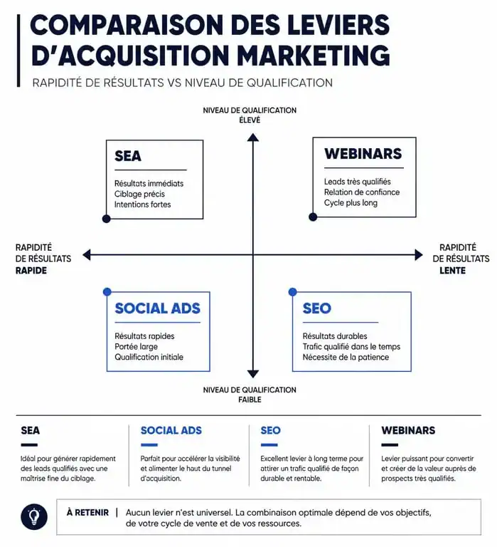 Infographie comparative des leviers de lead acquisition marketing : SEO, SEA, Social Ads et Webinars.