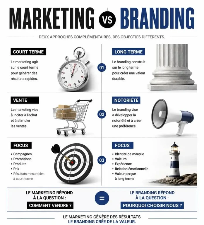 Infographie comparative illustrant les différences fondamentales entre le marketing et le branding pour une stratégie de marque efficace.