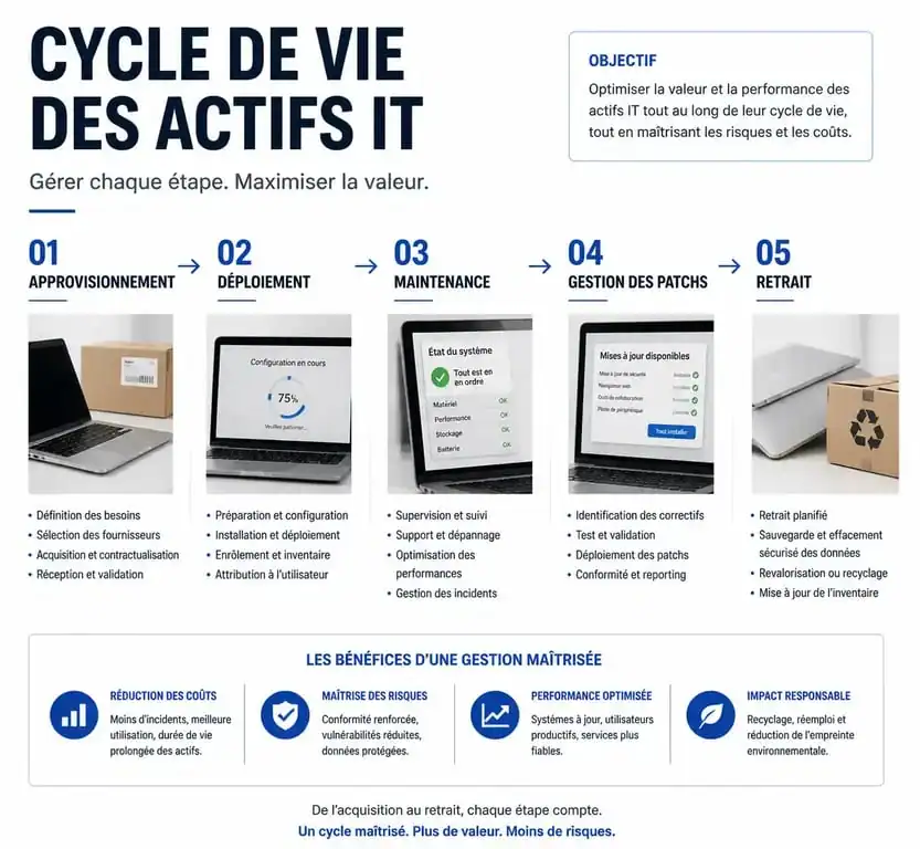 Schéma du cycle de vie d'un actif informatique dans une solution de gestion de parc informatique