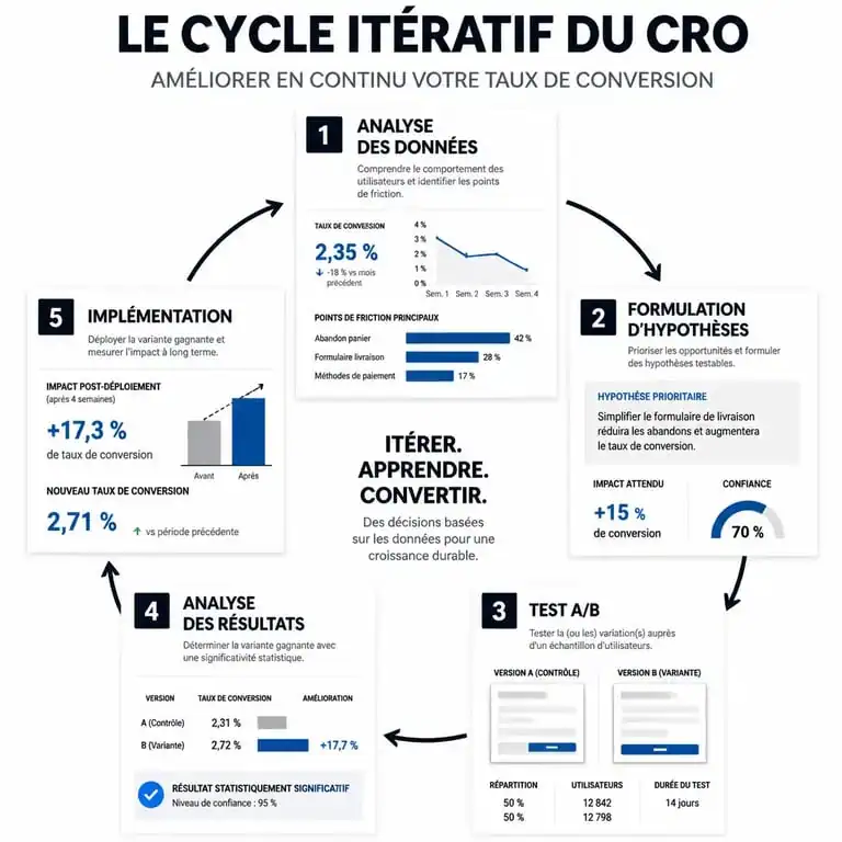 Infographie du cycle de vie du CRO marketing : analyse, hypothèse, test et optimisation.