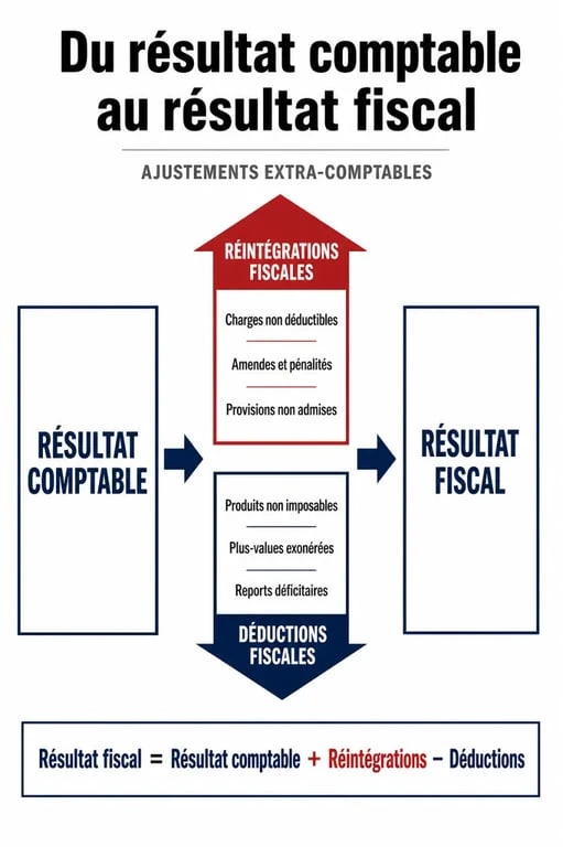 Schéma illustrant la différence entre le résultat comptable et le résultat fiscal pour une entreprise