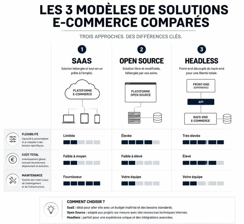 Infographie comparative des solutions e-commerce : SaaS, Open Source et Headless pour choisir sa plateforme.