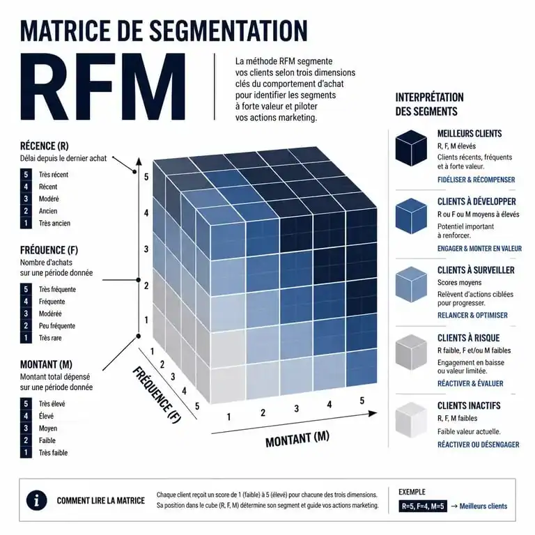 Matrice de segmentation RFM illustrant les scores de récence, fréquence et montant pour le marketing client