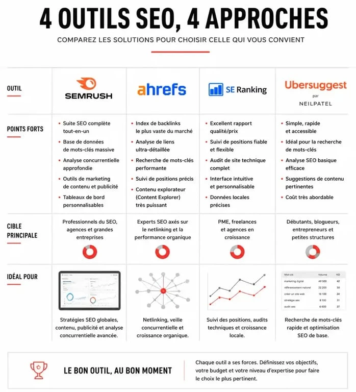 Infographie comparative des meilleurs logiciels SEO : Semrush, Ahrefs, SE Ranking et Ubersuggest pour choisir son outil de référencement.