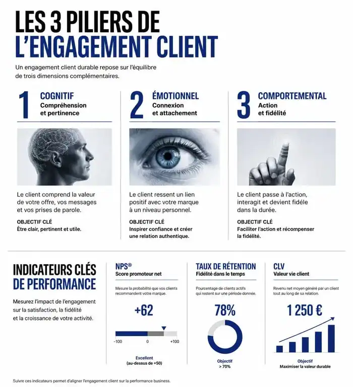 Infographie sur les piliers et indicateurs du customer engagement pour mesurer la performance de la relation client