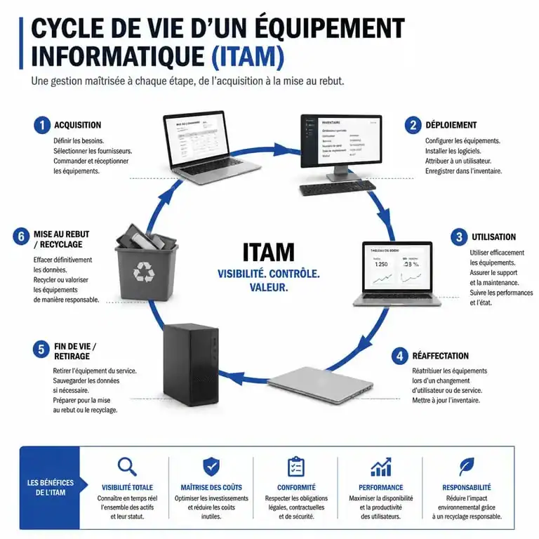 Schéma du cycle de vie d'un équipement informatique pour logiciel d'inventaire parc informatique