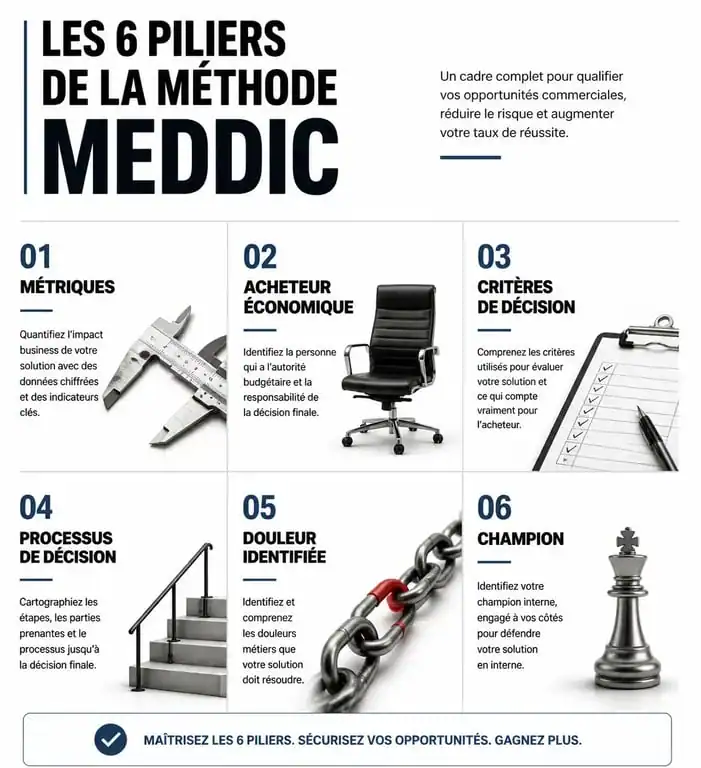 Infographie des 6 piliers de la méthode MEDDIC pour la qualification commerciale B2B