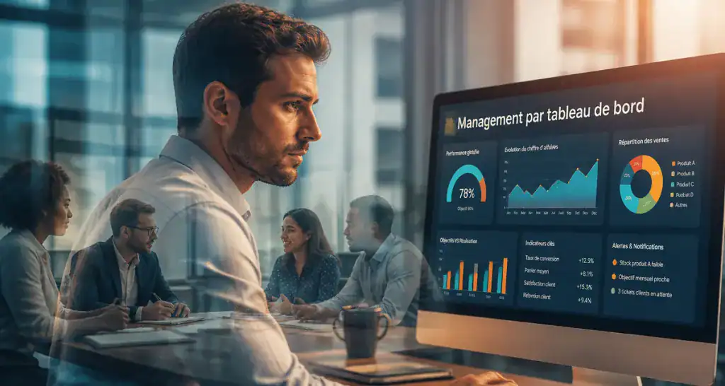Management tableau de bord avec manager devant écran et équipe