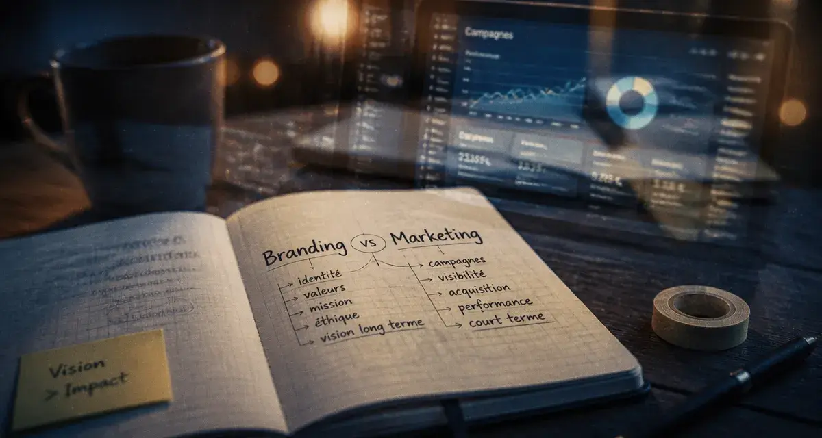 Marketing branding : différences clés, schéma sur carnet