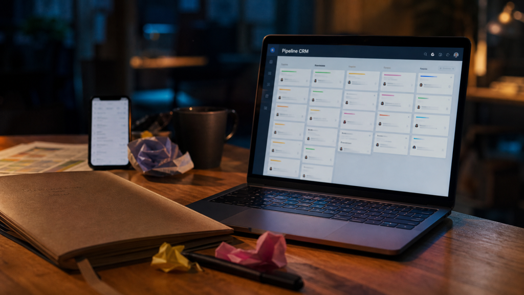 Meilleur logiciel CRM : pipeline ventes sur laptop