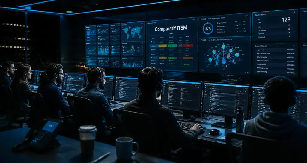 Équipe IT devant dashboards outil ITSM