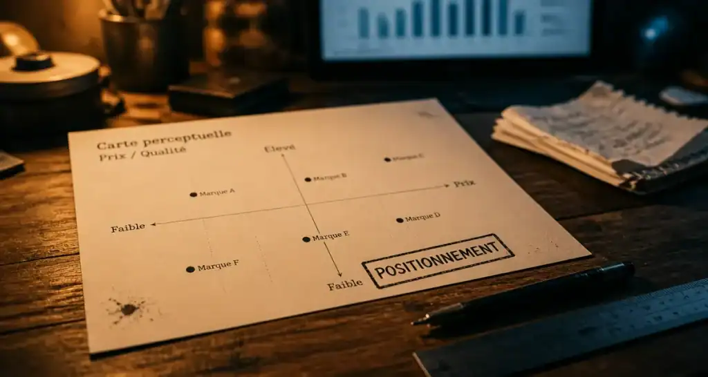 Positionnement d une entreprise : carte perceptuelle prix qualité sur bureau