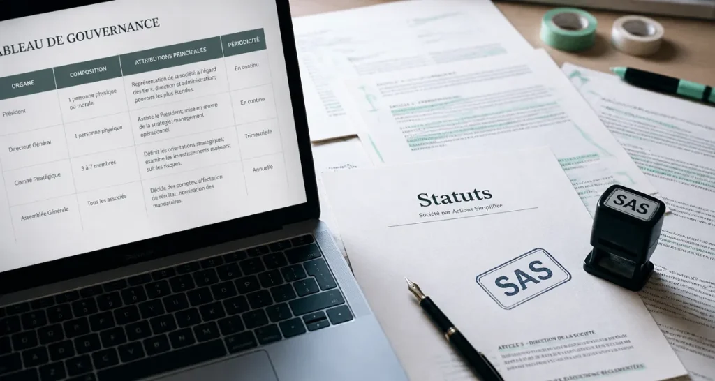 SAS avantages : statuts et gouvernance, documents juridiques sur bureau
