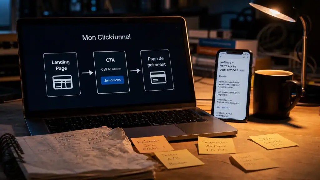 clickfunnel : schéma conversion sur ordinateur et landing page