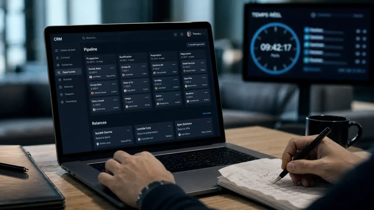 CRM SaaS : pipeline et relances sur écran