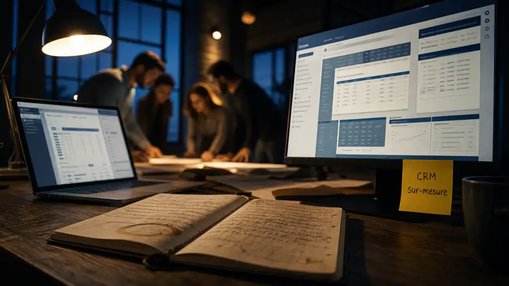 Développement CRM sur-mesure : maquette CRM et équipe métier en studio