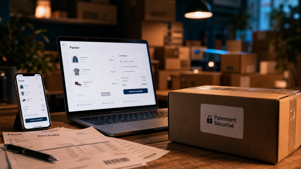 E commerce c est quoi : paiement, livraison, B2C et dropshipping sur ordinateur et mobile