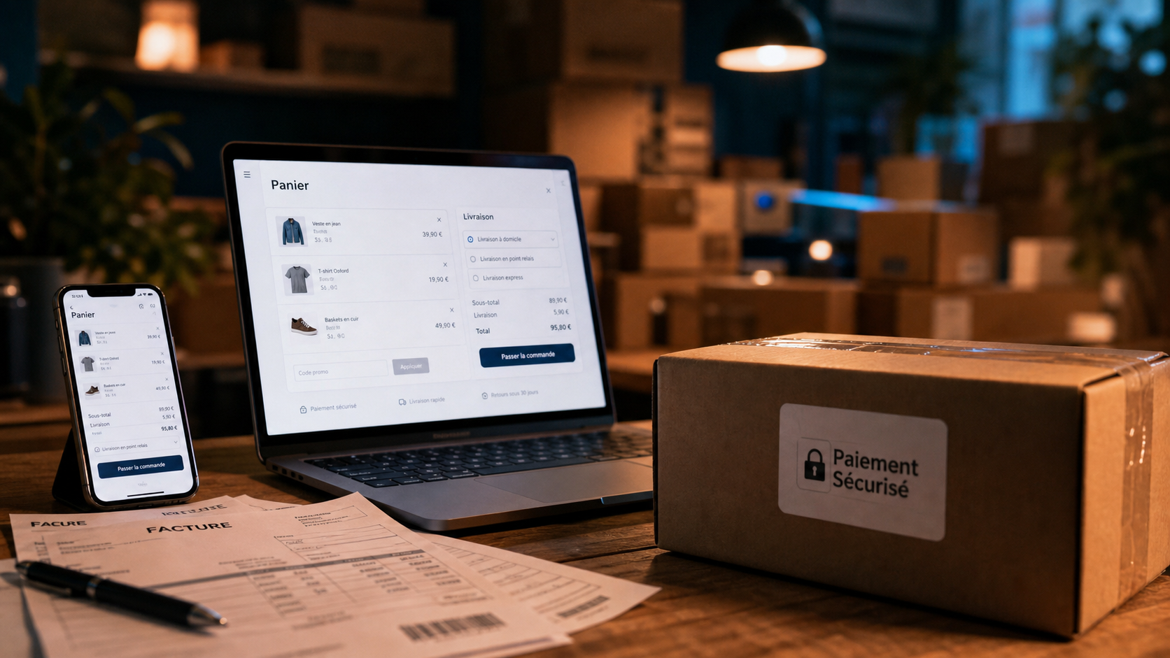 E commerce c est quoi : paiement, livraison, B2C et dropshipping sur ordinateur et mobile