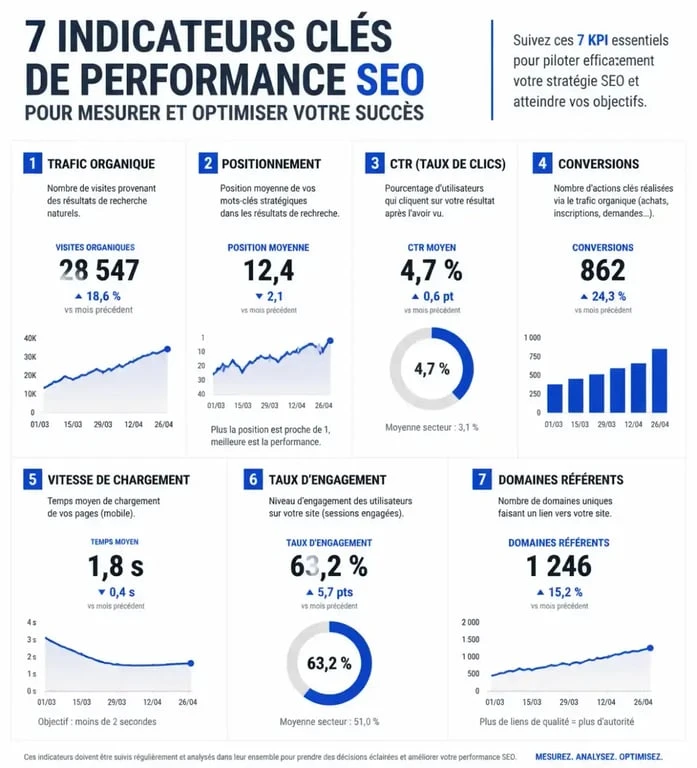 Infographie des 7 KPI SEO essentiels pour mesurer la performance de votre stratégie de référencement naturel