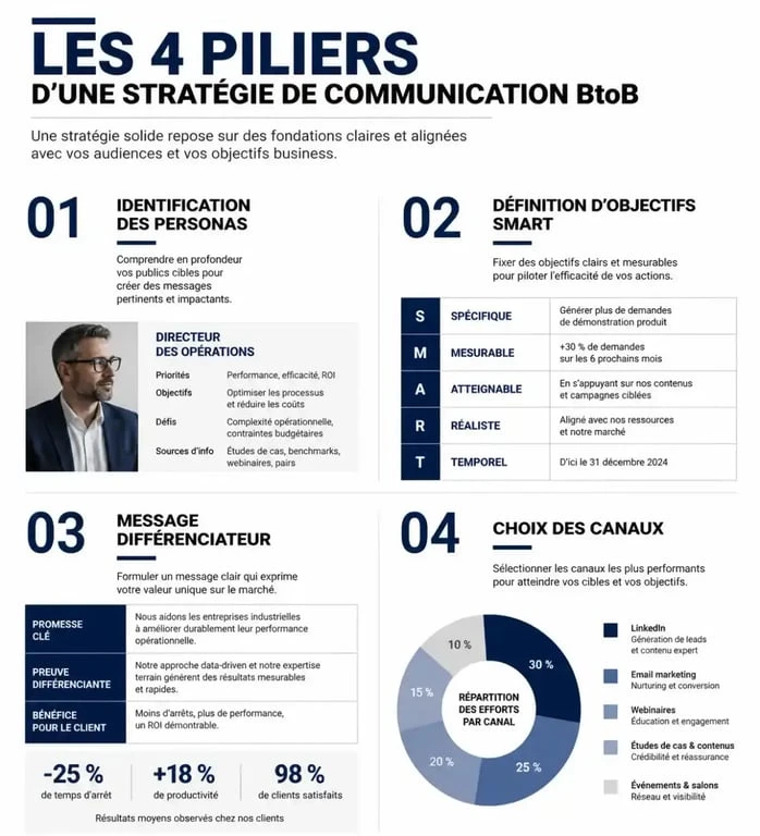 Infographie des piliers d'une stratégie de communication BtoB efficace