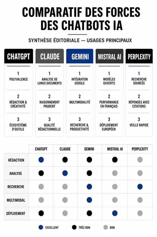 Infographie comparative des meilleurs chatbots IA : ChatGPT, Claude, Gemini, Mistral et Perplexity pour choisir le meilleur chatbot selon vos besoins.