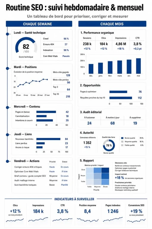Infographie sur la routine de suivi du référencement naturel et des indicateurs SEO