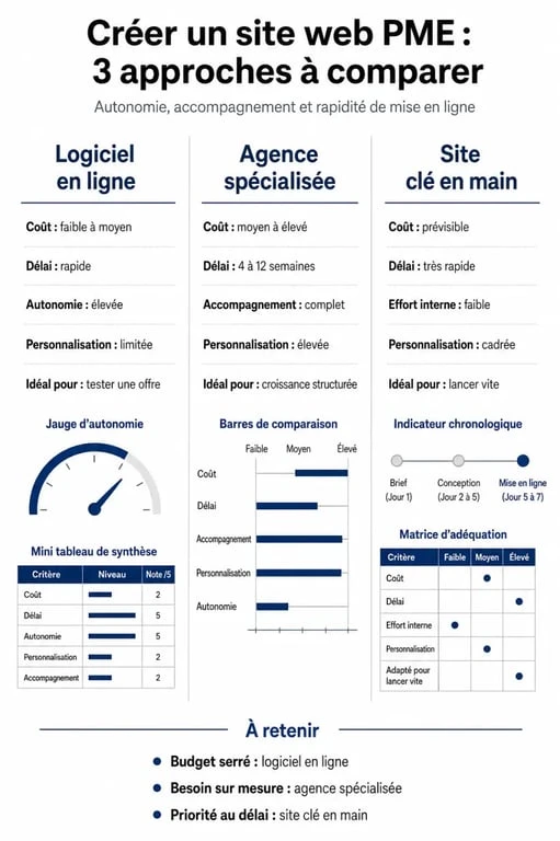 Comparatif des solutions de création de site web pour PME : logiciel en ligne, agence spécialisée et site clé en main.
