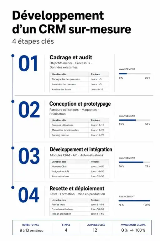 Schéma des étapes clés du développement CRM sur-mesure pour entreprise