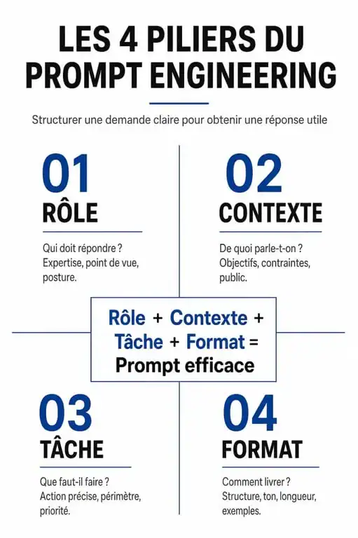Infographie expliquant les 4 piliers du prompt engineering pour rédiger un prompt IA efficace