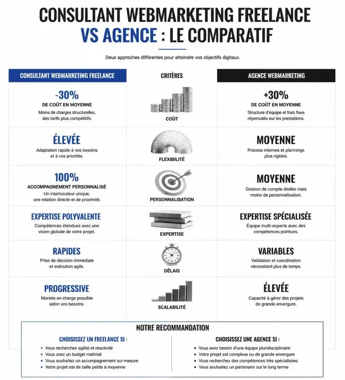 Comparatif entre un consultant webmarketing freelance et une agence pour votre stratégie digitale