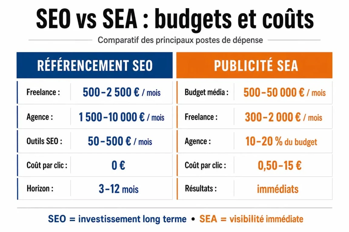 Référencement tarif : comparaison visuelle des prix SEO et SEA, freelance, agence et outils