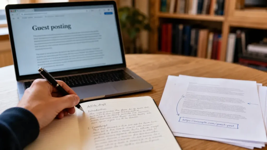 Guest posting : backlinks et carnet sur table