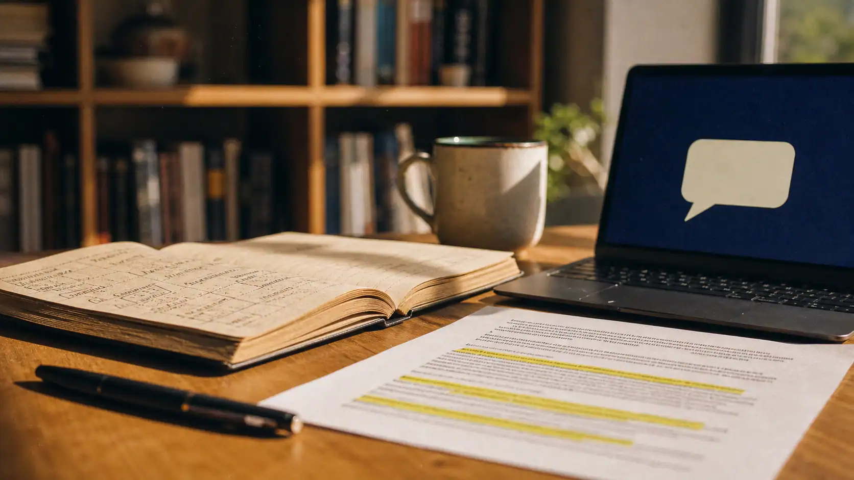 Qu est ce qu un prompt : carnet, stylo et exemple de prompt sur bureau