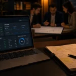 AI agency : bureau avec tableau de bord et workflow