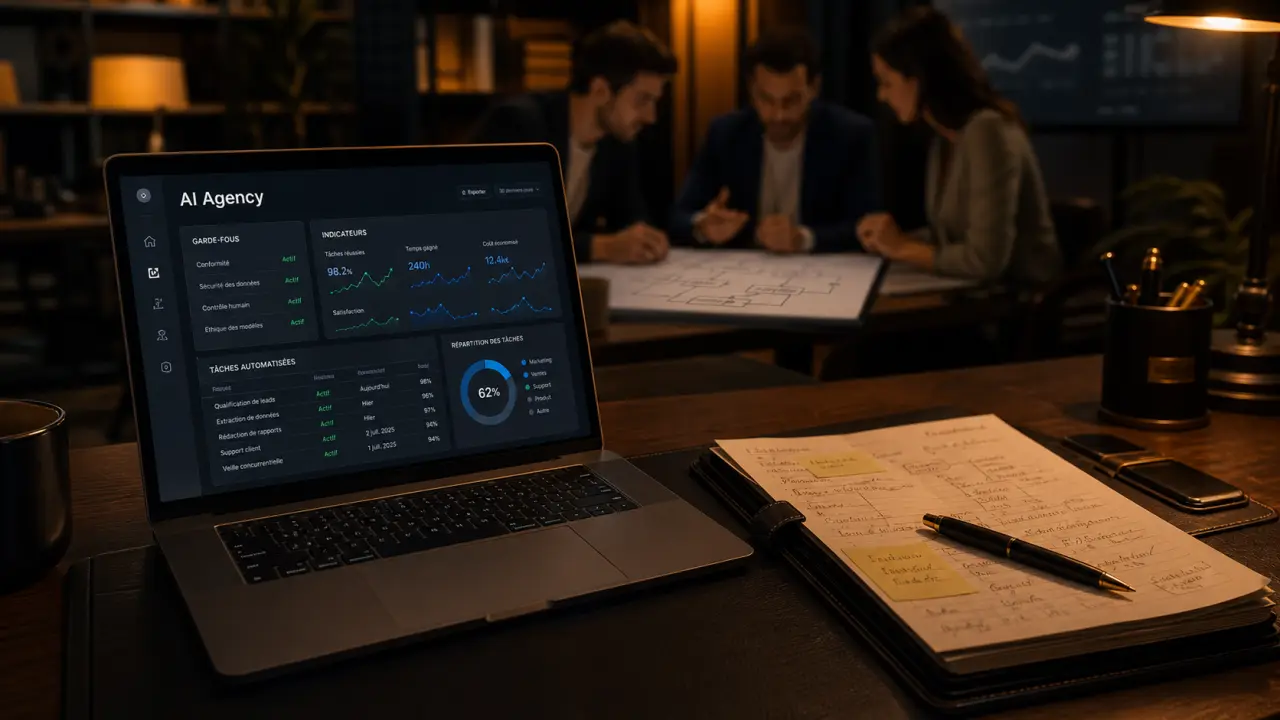 AI agency : bureau avec tableau de bord et workflow