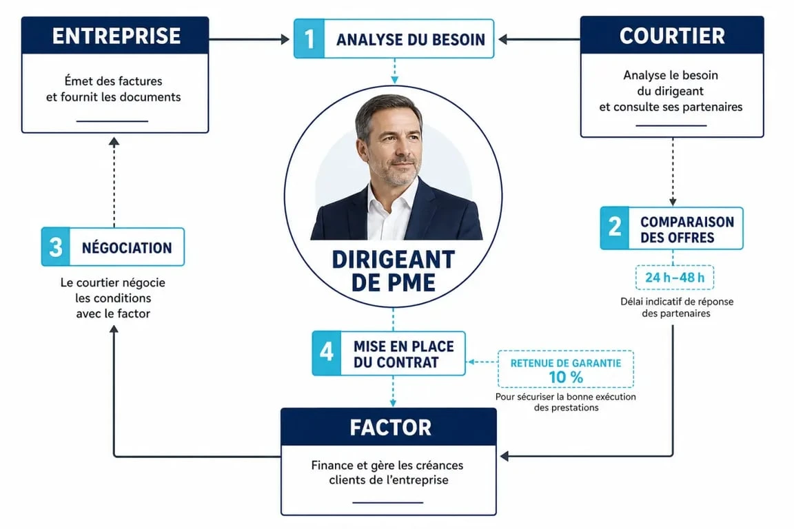 Schéma du courtier affacturage expliquant son rôle entre l’entreprise et le factor