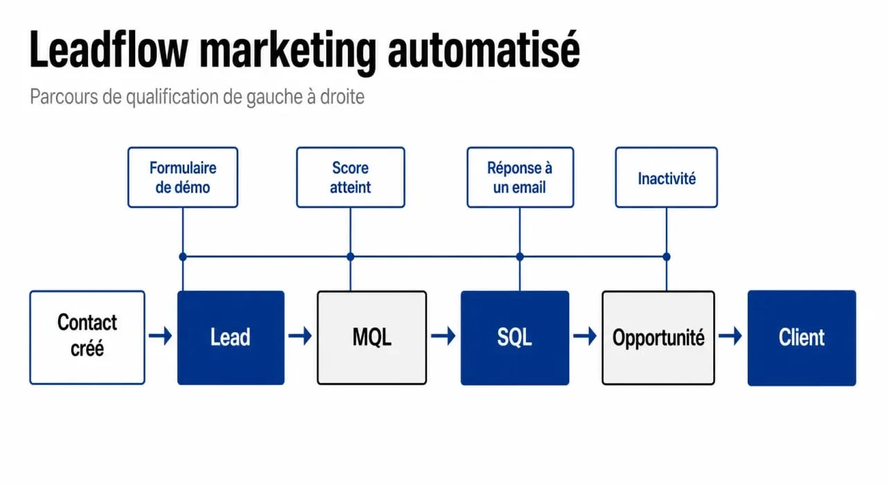 Comment configurer automate marketing leadflow : schéma du passage de contact à MQL puis SQL avec les déclencheurs associés
