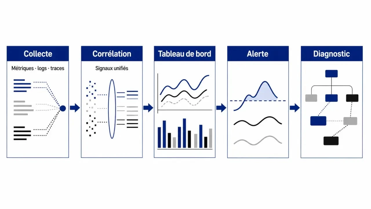 Schéma de performance monitoring montrant la collecte, la corrélation et l’alerte sur une application