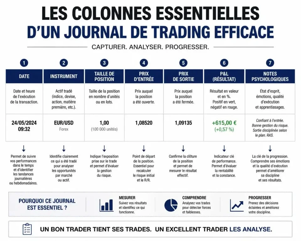 Infographie des éléments clés à inclure dans un journal de trading pour suivre ses performances