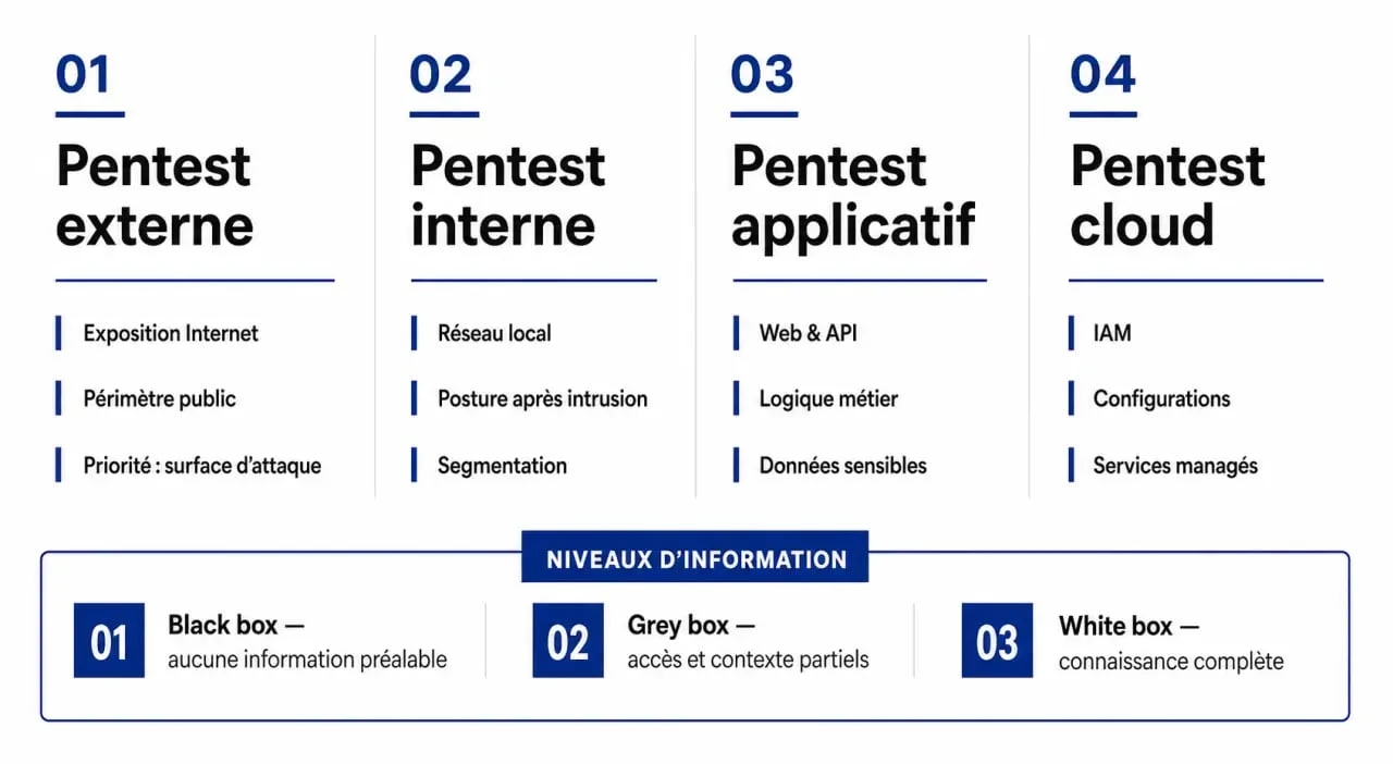 Infographie entreprise pentest sur les types de test d'intrusion et les niveaux black box, grey box et white box