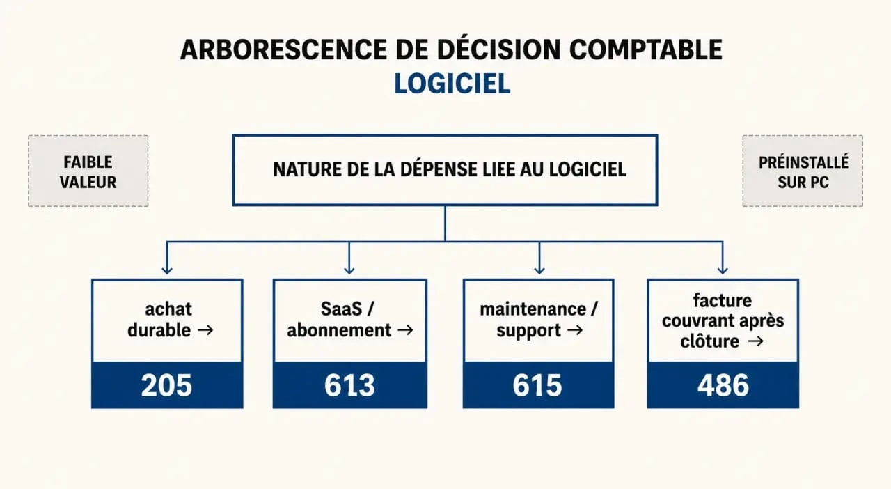 Compte comptable logiciel : schéma de décision entre 205, 613, 615 et 486